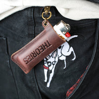 Theories Stamp Logo Embossed Genuine Leather Lighter Case Keychain Brown