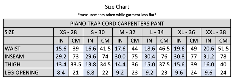Theories PIANO TRAP Corduroy Carpenter Pant Dark Blue Size Chart