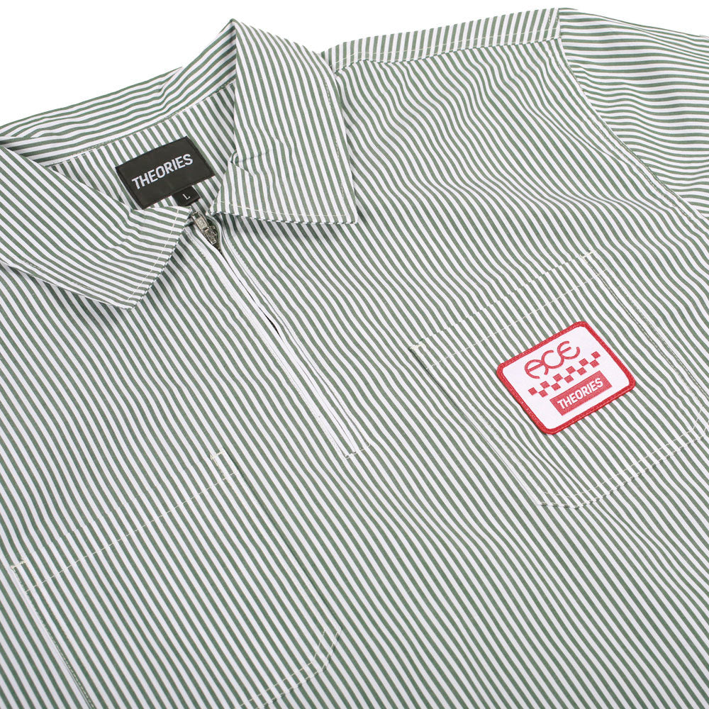 Theories x Ace Zip Work Shirt White/Green Stripe Front detail