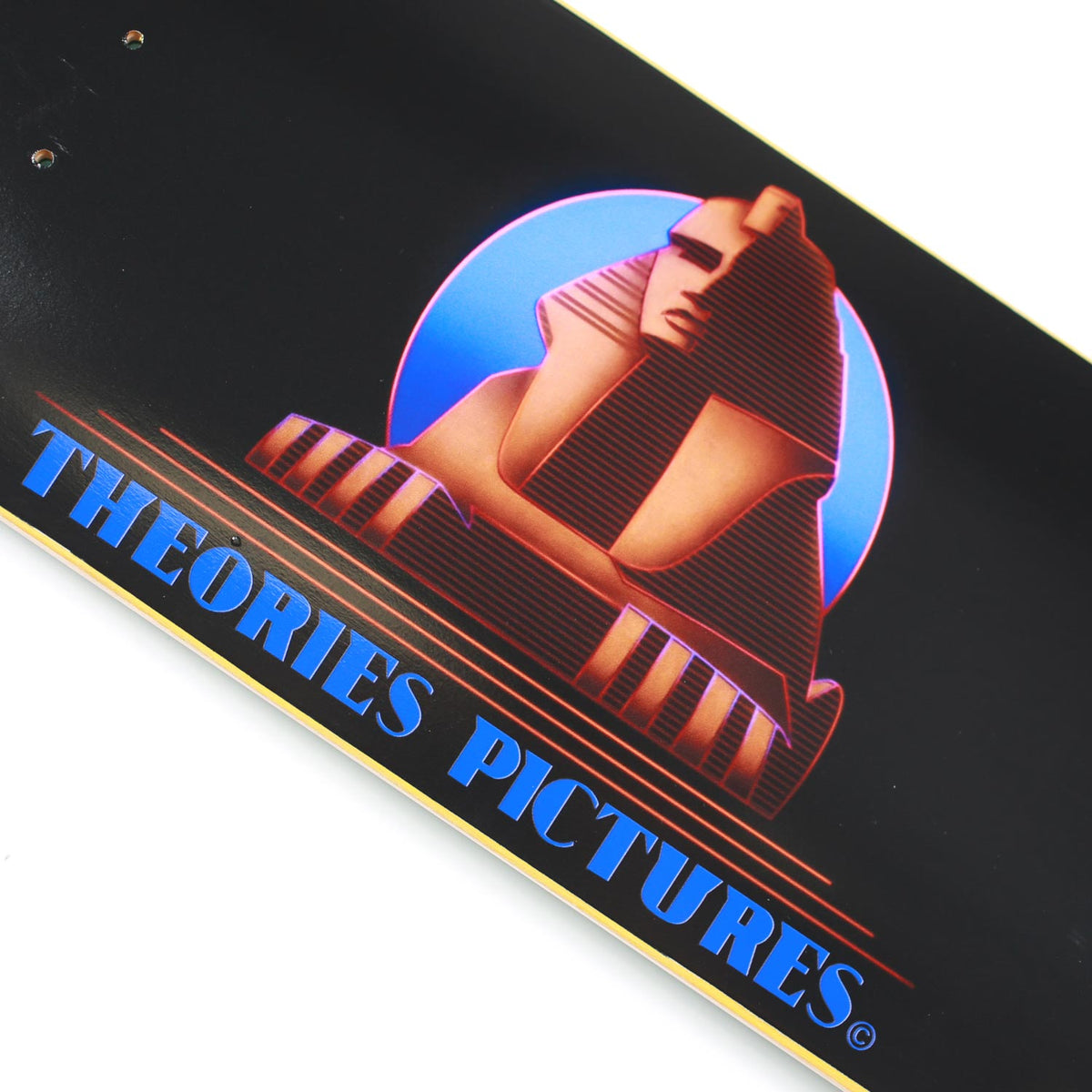 Close-up of a Theories Brand Hollywood Skateboard Graphic of the Great Sphinx of Egypt 
