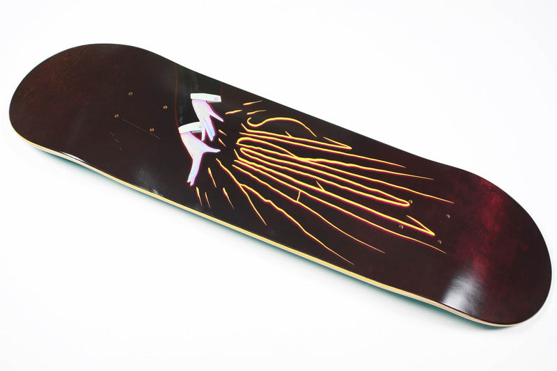 Theories Brand Kellar Skateboard Deck bottom graphic with Magician's hands emitting electricity that spells out the word "Theories"