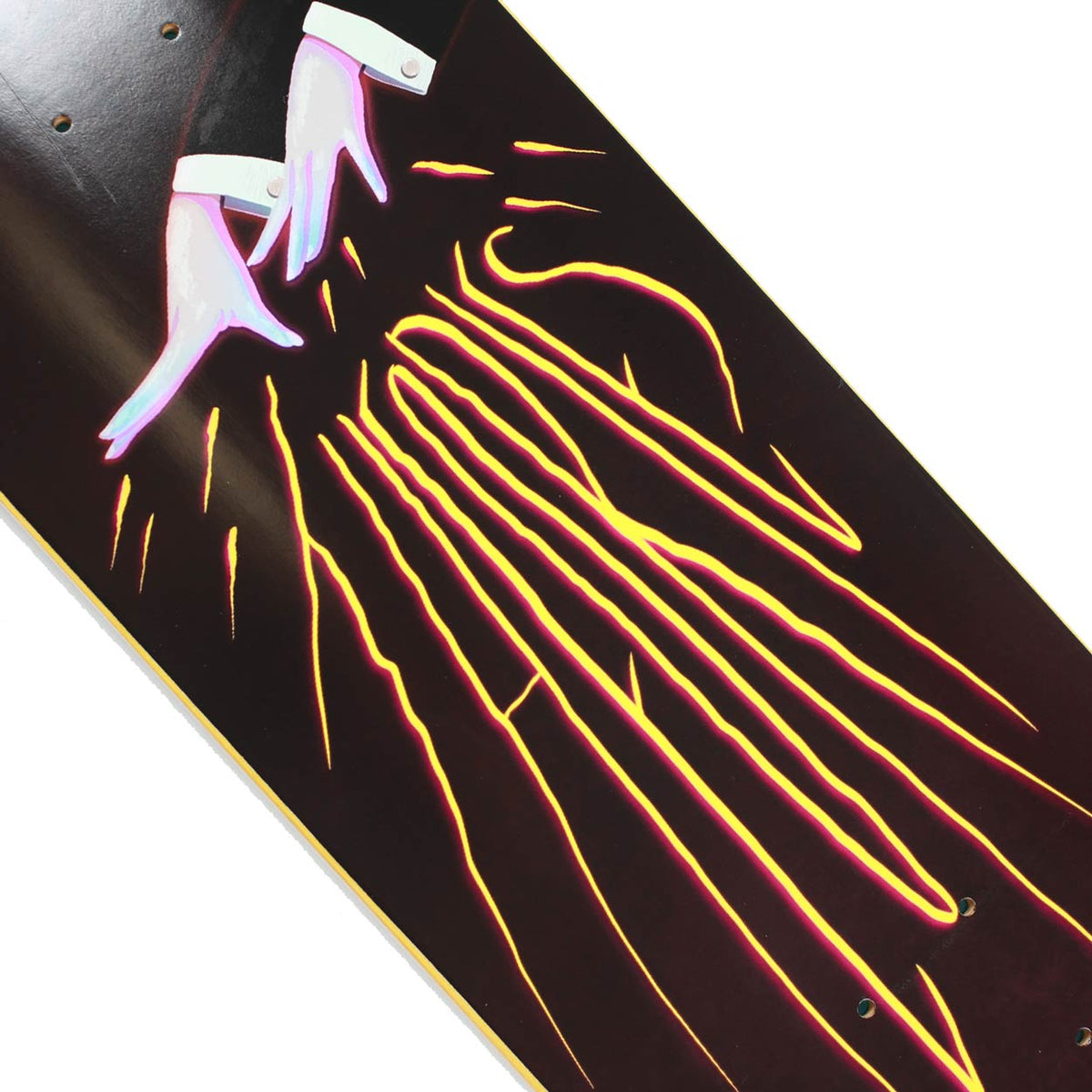Theories Brand Kellar Skateboard Deck bottom graphic with Magician's hands emitting electricity that spells out the word "Theories"