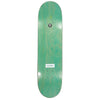 Top of a Theories Brand Kellar Skateboard Deck showing the Theories logo and a size sticker from the Generator Skateboard factory