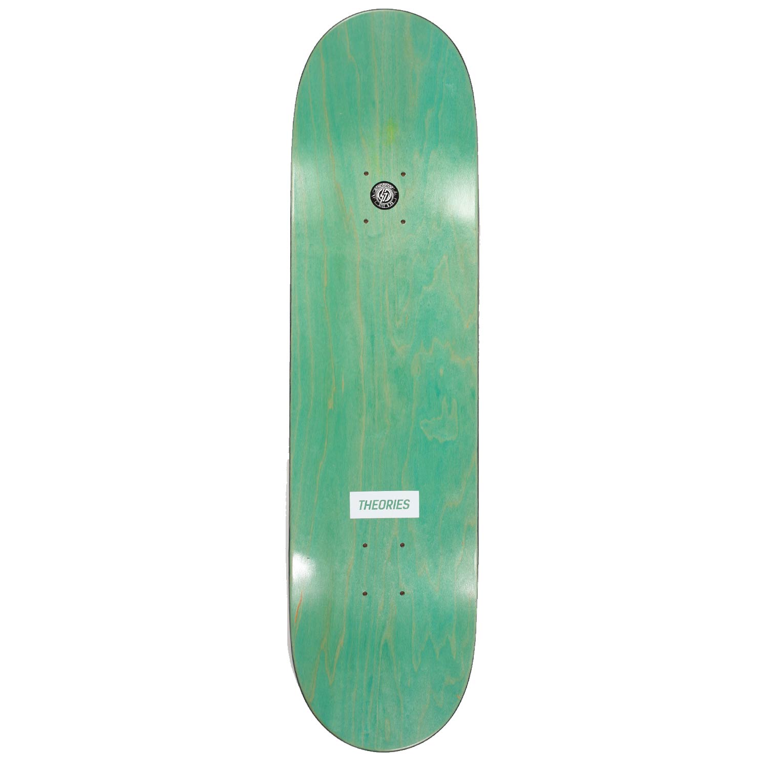 Top of a Theories Brand Kellar Skateboard Deck showing the Theories logo and a size sticker from the Generator Skateboard factory