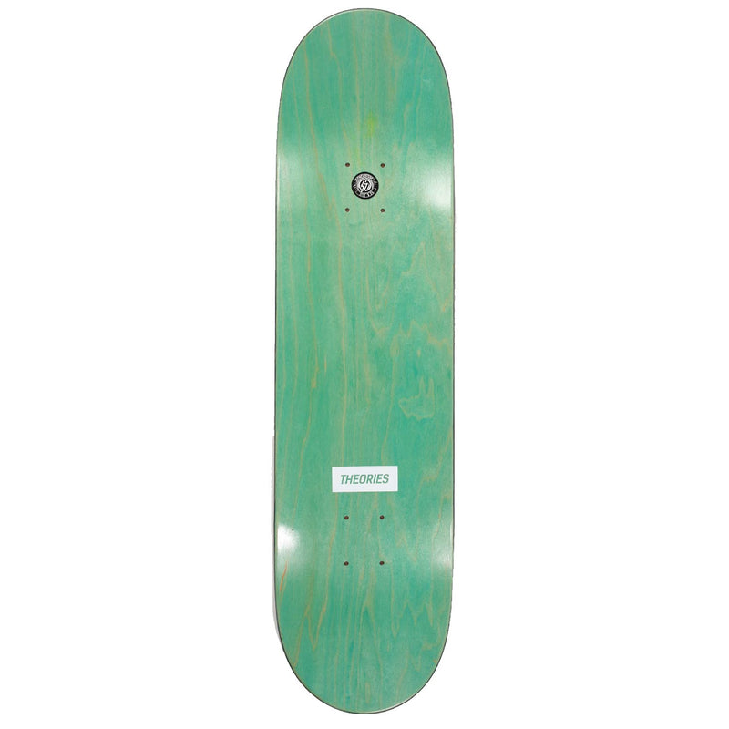 Top of a Theories Brand Kellar Skateboard Deck showing the Theories logo and a size sticker from the Generator Skateboard factory