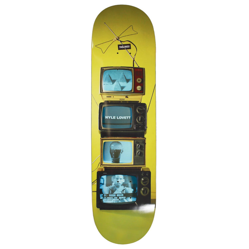 Theories Brand Nyle Lovett Pro Model Skateboard Deck Graphic featuring stacked TV's displaying eerie imagery