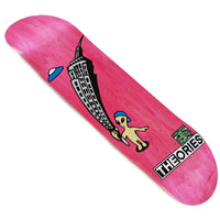 Pink skateboard deck with graphics and 'Theories' branding on a white background