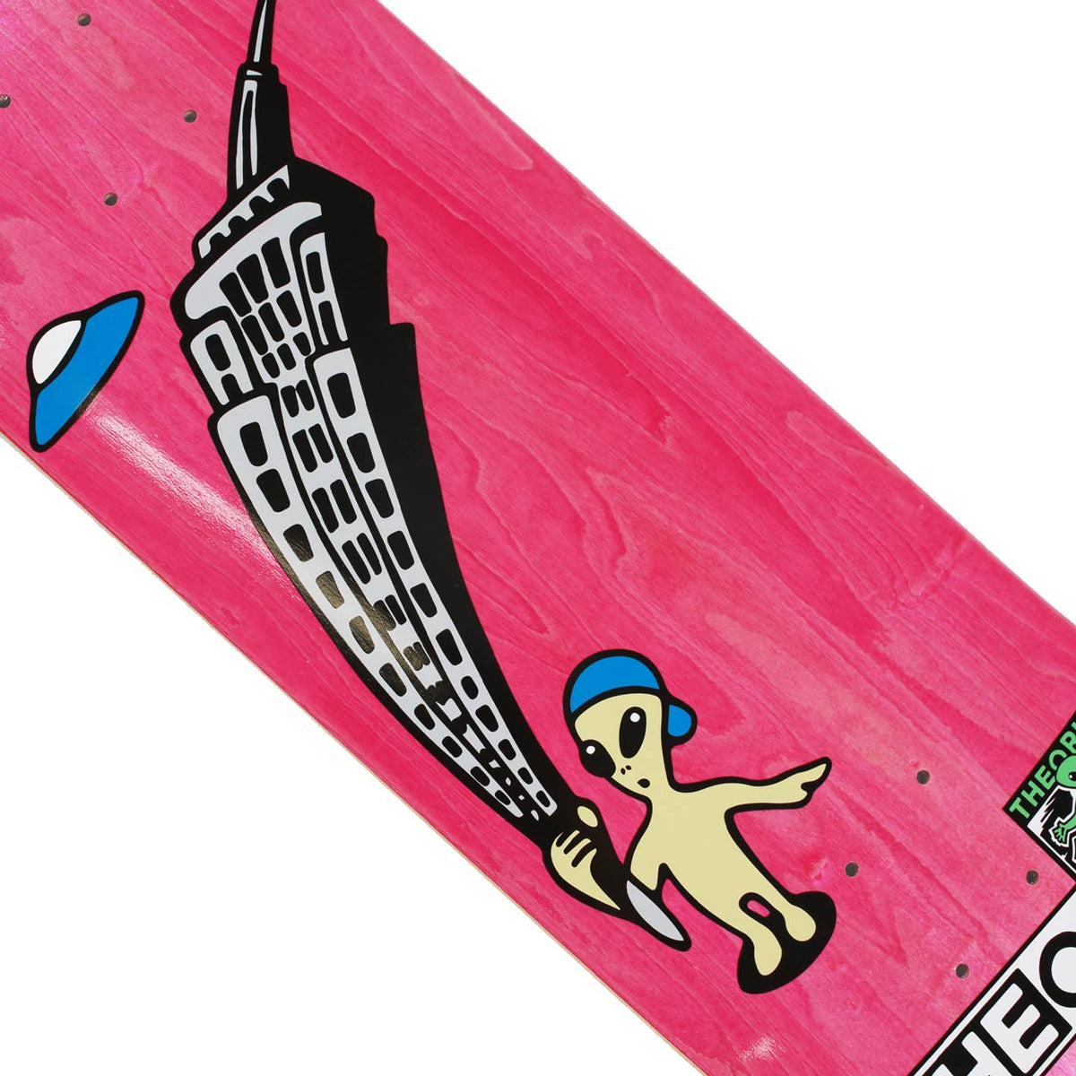 Theories Brand Skateboard deck with a pink gradient and alien graphic design on a white background