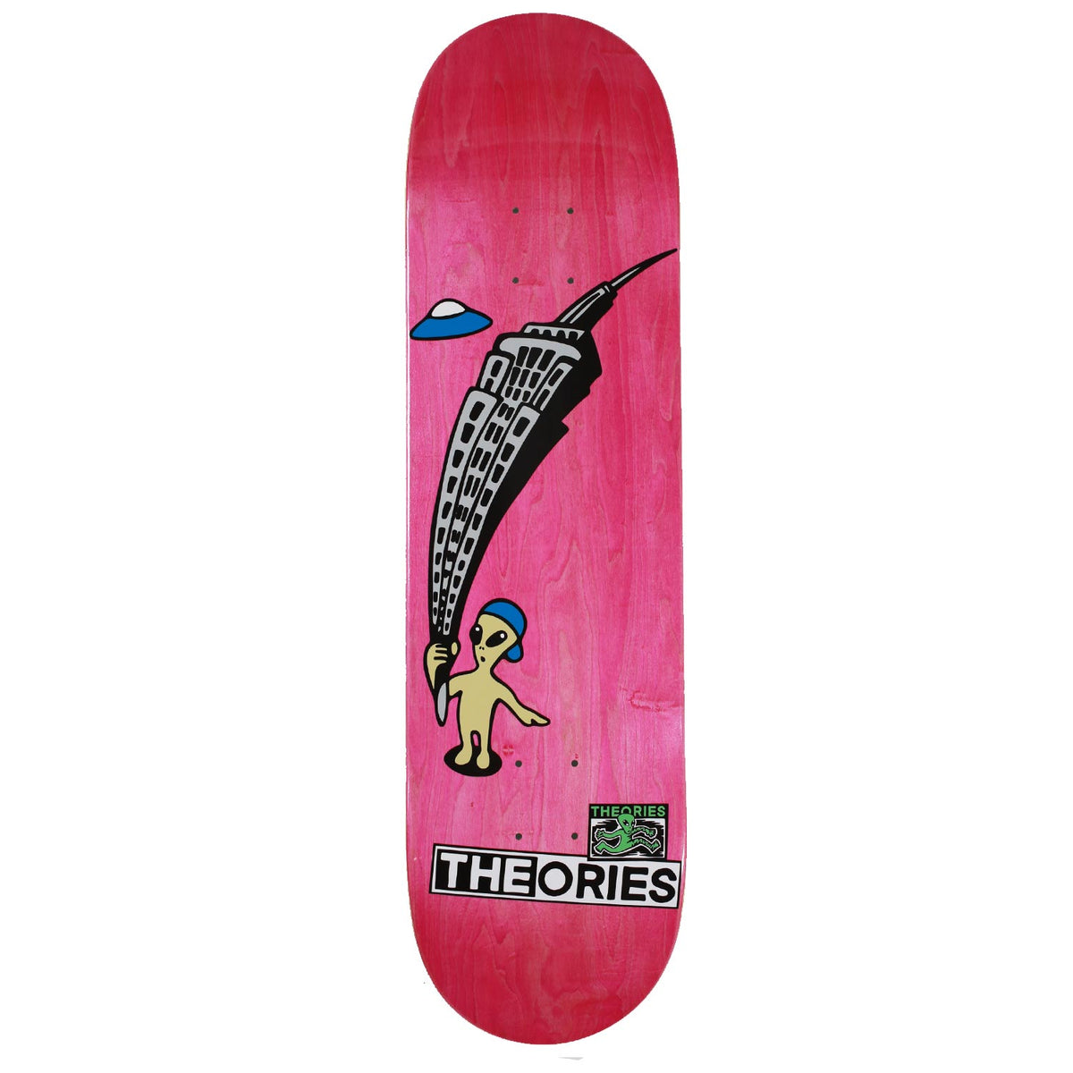 Theories Brand Skateboard deck with a pink gradient and alien graphic design on a white background