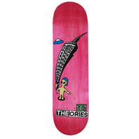 Theories Brand Skateboard deck with a pink gradient and alien graphic design on a white background