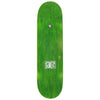 Green stained skateboard deck with the Theories Brand Enigma logo on a white background