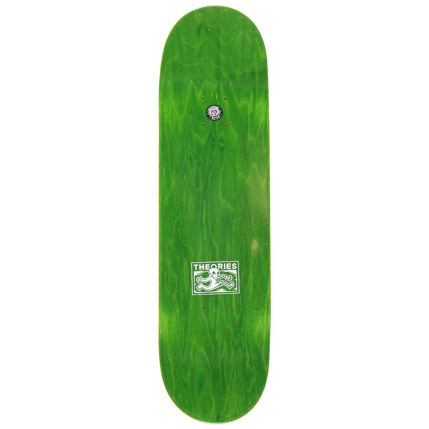 Green stained skateboard deck with the Theories Brand Enigma logo on a white background