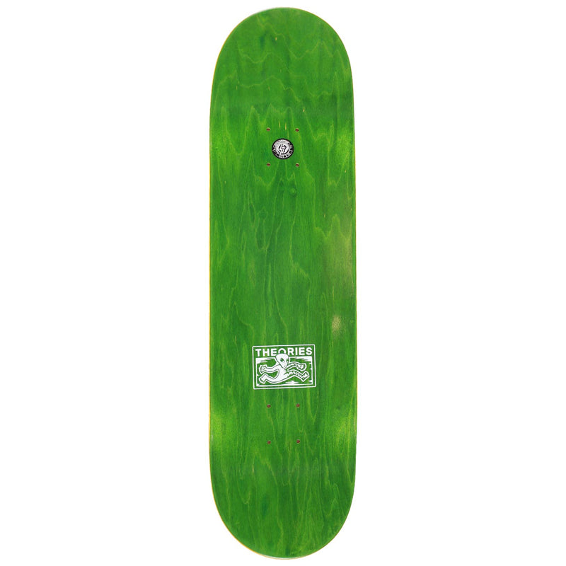 Green stained skateboard deck with the Theories Brand Enigma logo on a white background