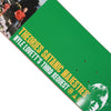 Green skateboard deck with text and a graphic of a cat on a white background