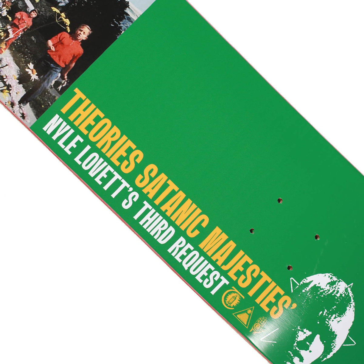 Green skateboard deck with text and a graphic of a cat on a white background