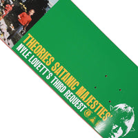 Green skateboard deck with text and a graphic of a cat on a white background