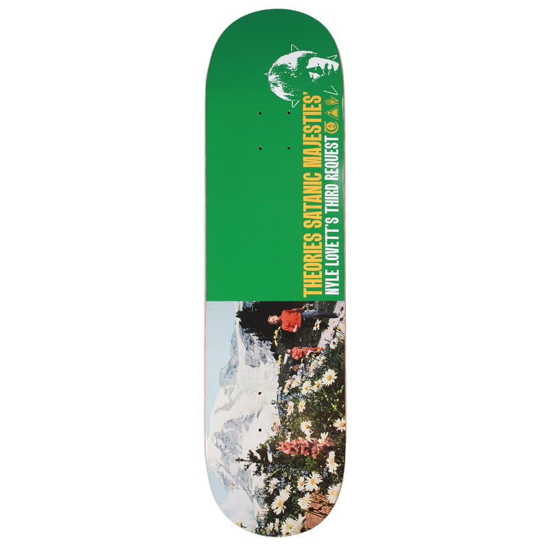 Skateboard deck with green top and colorful bottom design on a white background