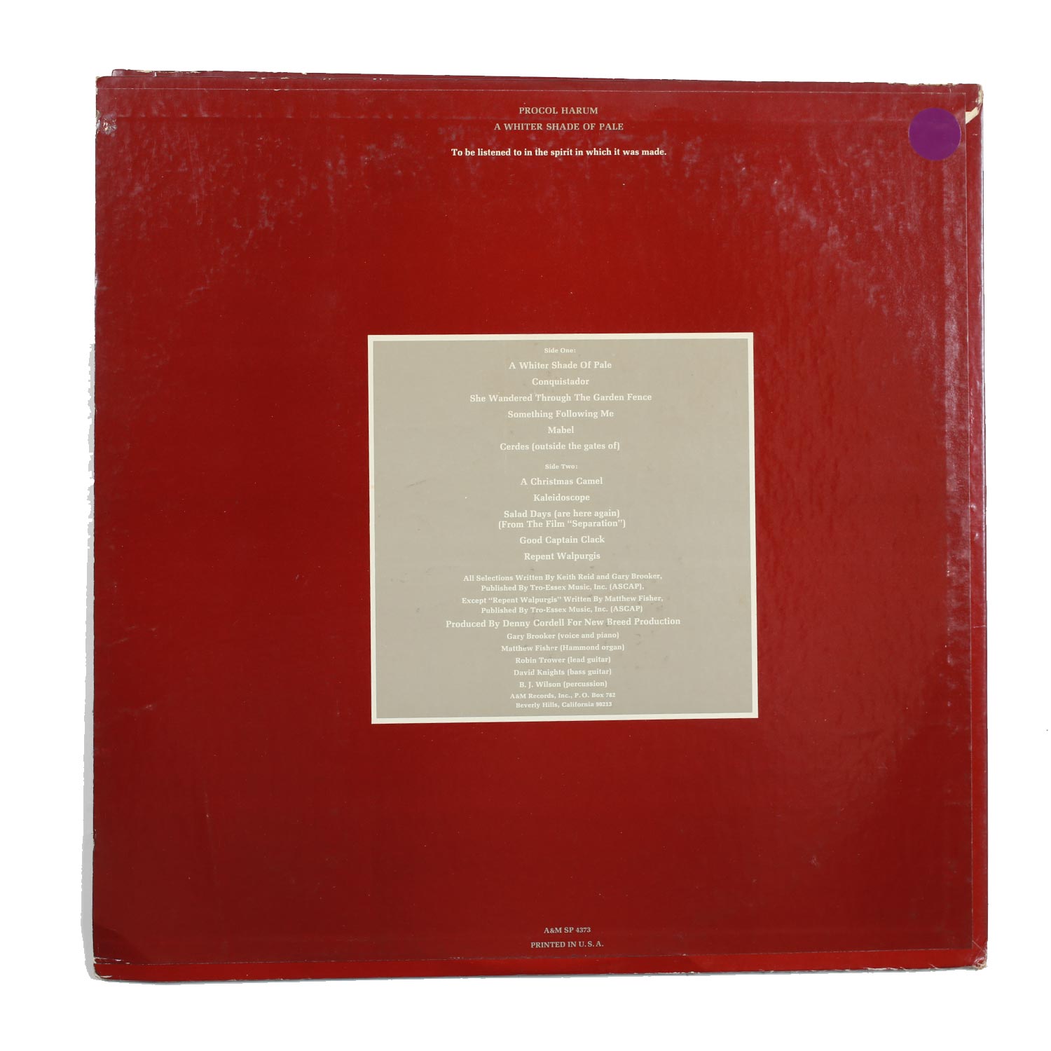 Vintage Procol Harum Whiter Shade of Pale Vinyl LP 1973