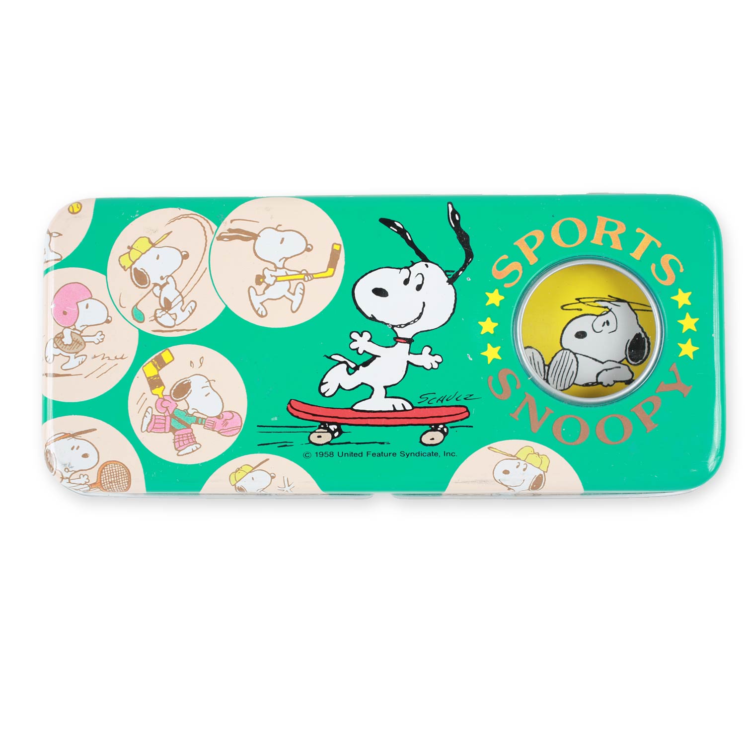 Vintage Snoopy Skateboarding Tin Pencil Case