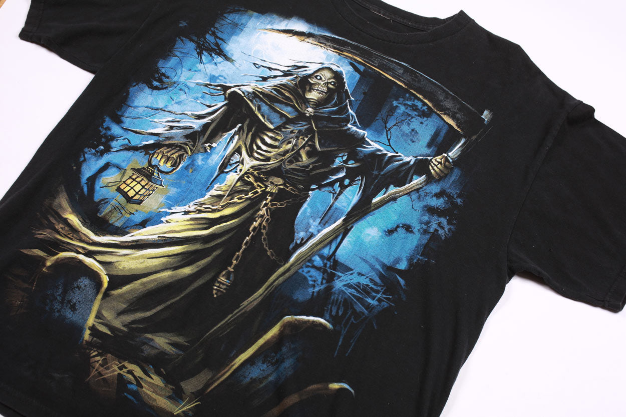 Vintage Skeleton Night Reaper Y2K Affliction Style Tee Black XL