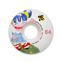 Skateboard wheel with cartoon character and brand details on a white background