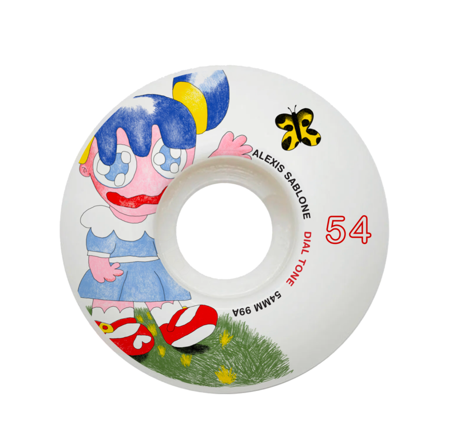 Skateboard wheel with cartoon character and brand details on a white background