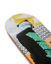 Close-up of a skateboard deck with a colorful design and text on a white background