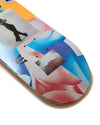 Skateboard deck with abstract design and black logo on a white background