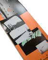 Skateboard deck with artistic design on a white background