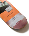 Skateboard deck with orange and gray design on a white background