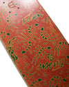 Skateboard deck with green patterns and 'Evisen' branding on a red background