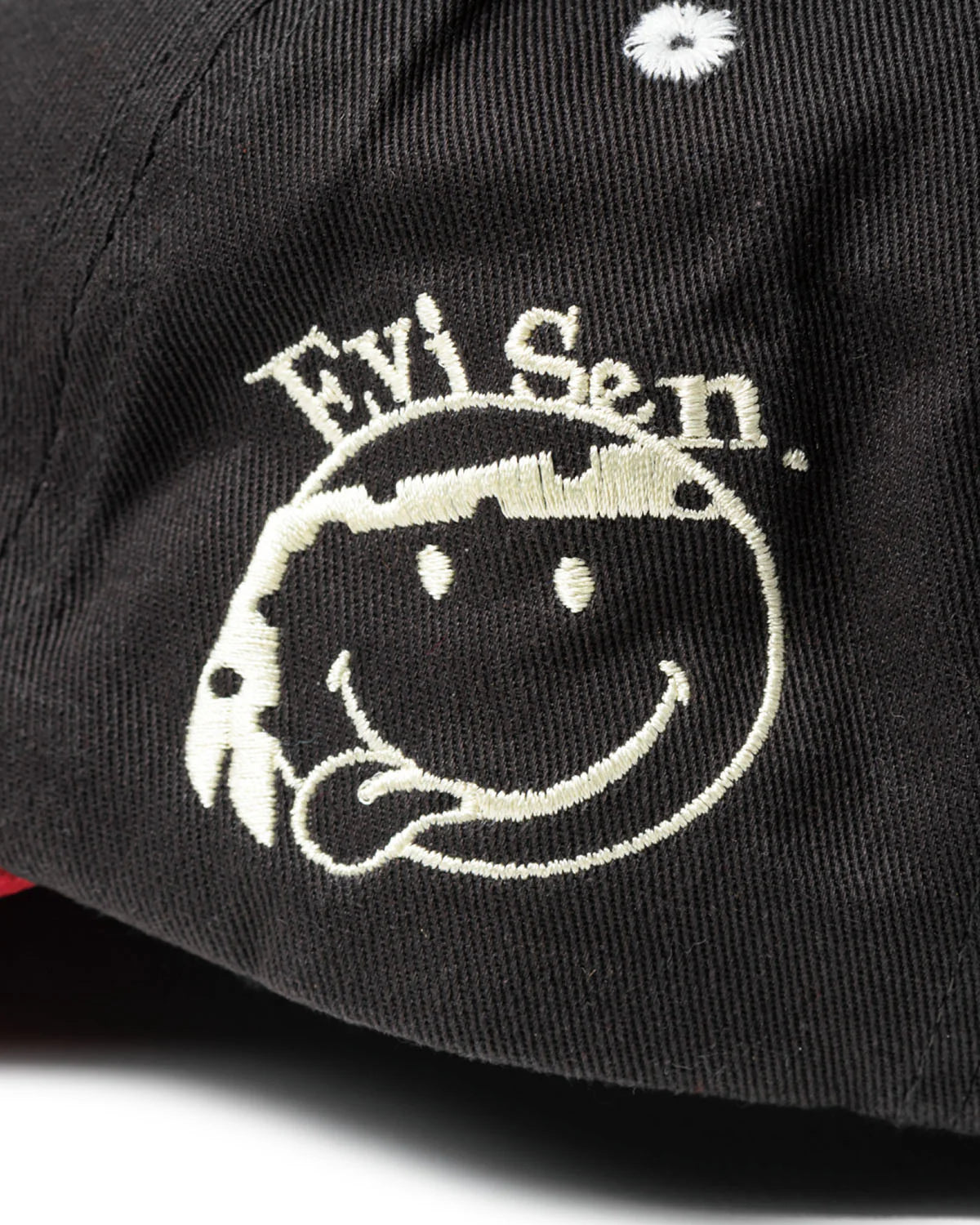 Evisen Skateboards One Up 6 Panel Hat Dark Grey / Red smiley face embroidery