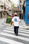 Magenta Skateboards OG Denim Jeans on model walking in france