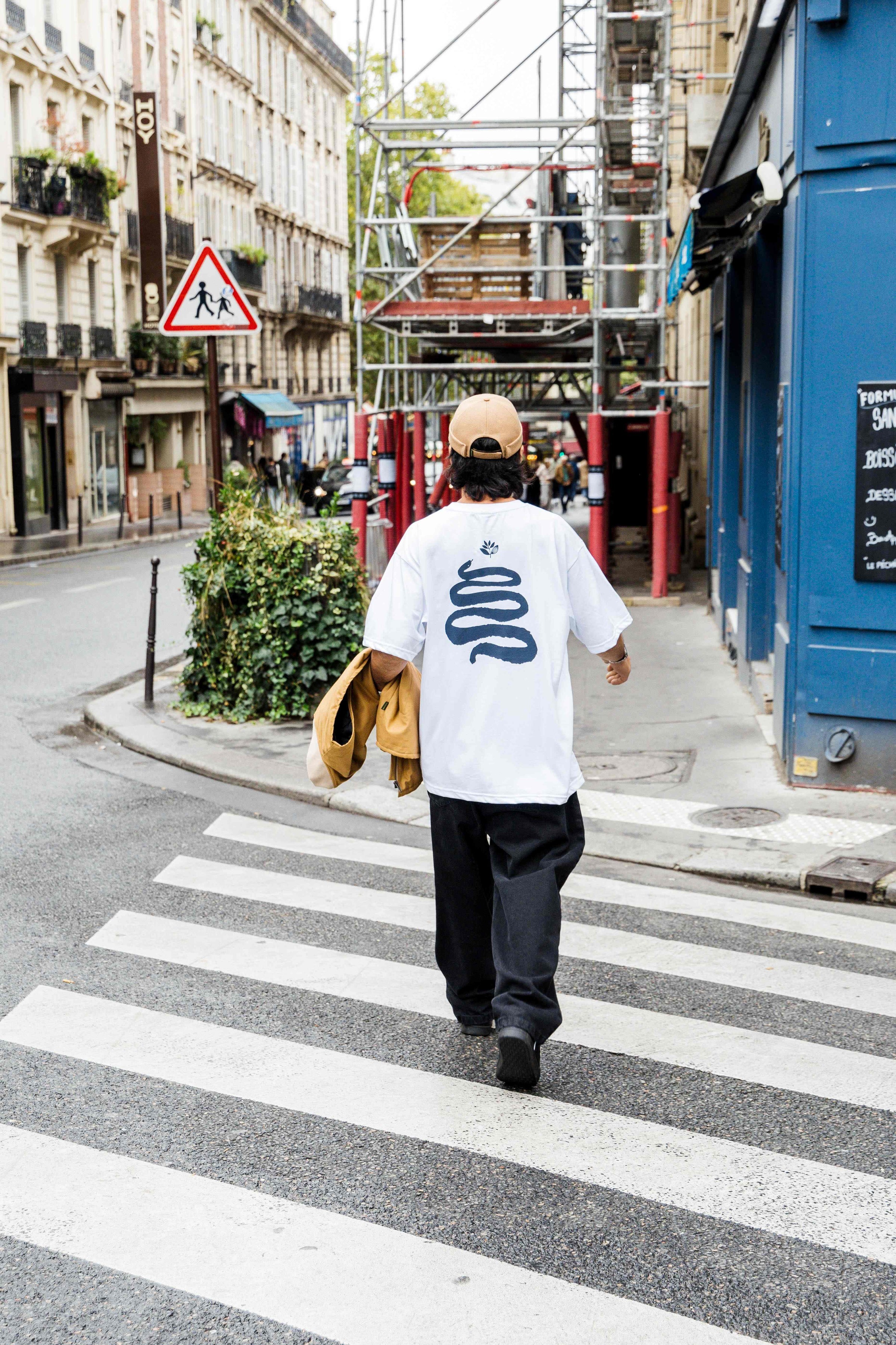 Magenta Skateboards OG Denim Jeans on model walking in france
