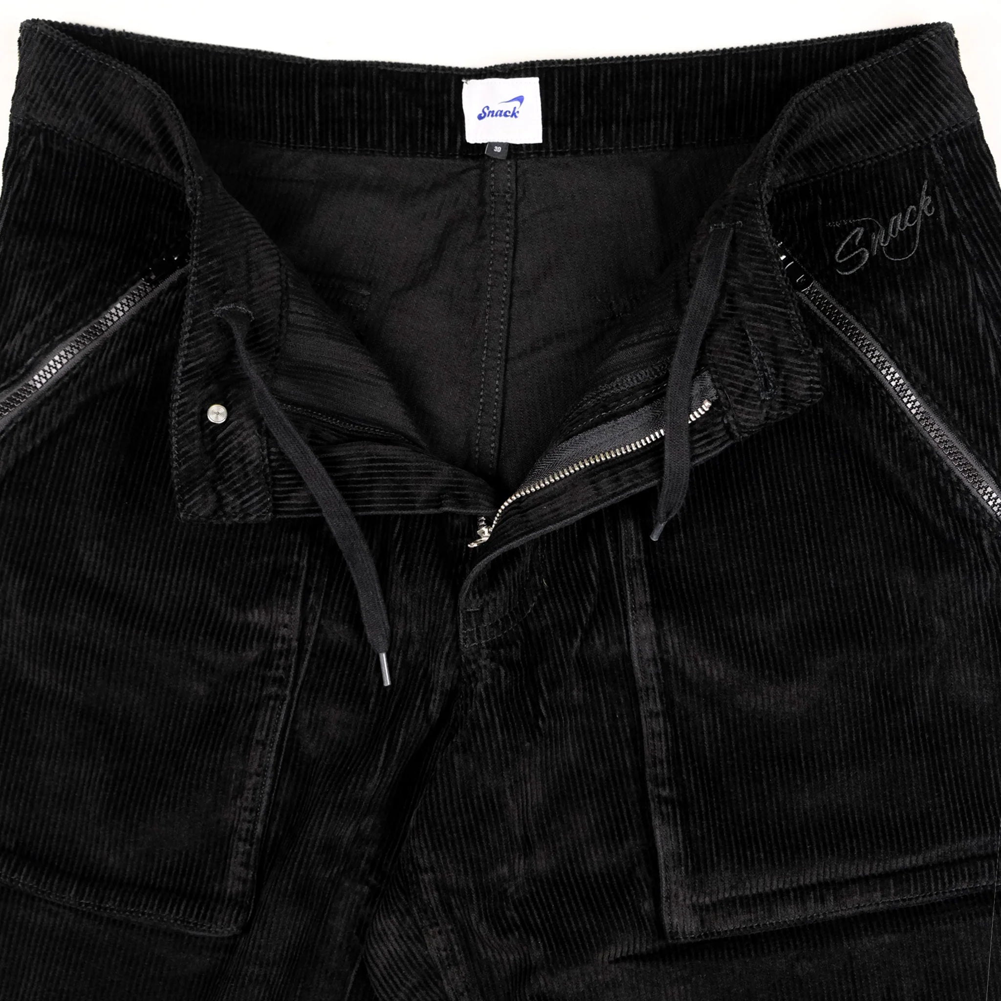 Snack Mic Check Corduroy Pants Black front zipper and drawstring detail