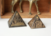Vintage Small Brass Etched Pyramid with Heiroglyphics small and tiny side by side