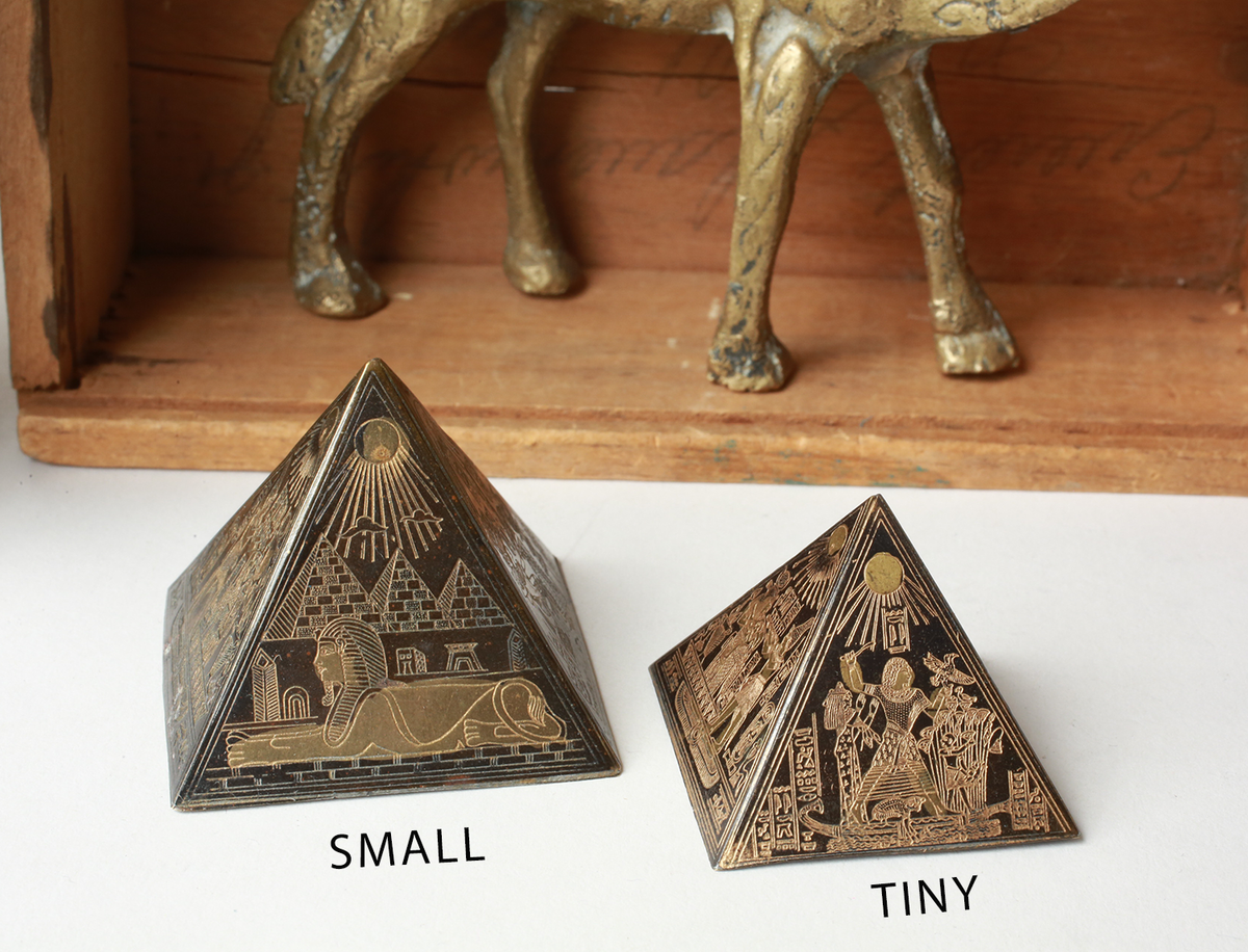 Vintage Small Brass Etched Pyramid with Heiroglyphics 2 pyramids
