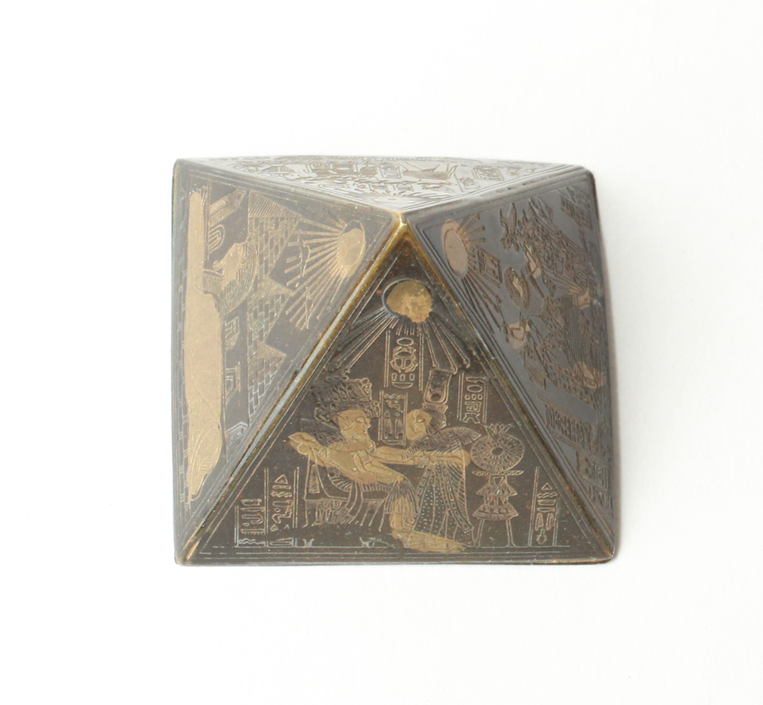 Vintage Small Brass Etched Pyramid with Heiroglyphics top
