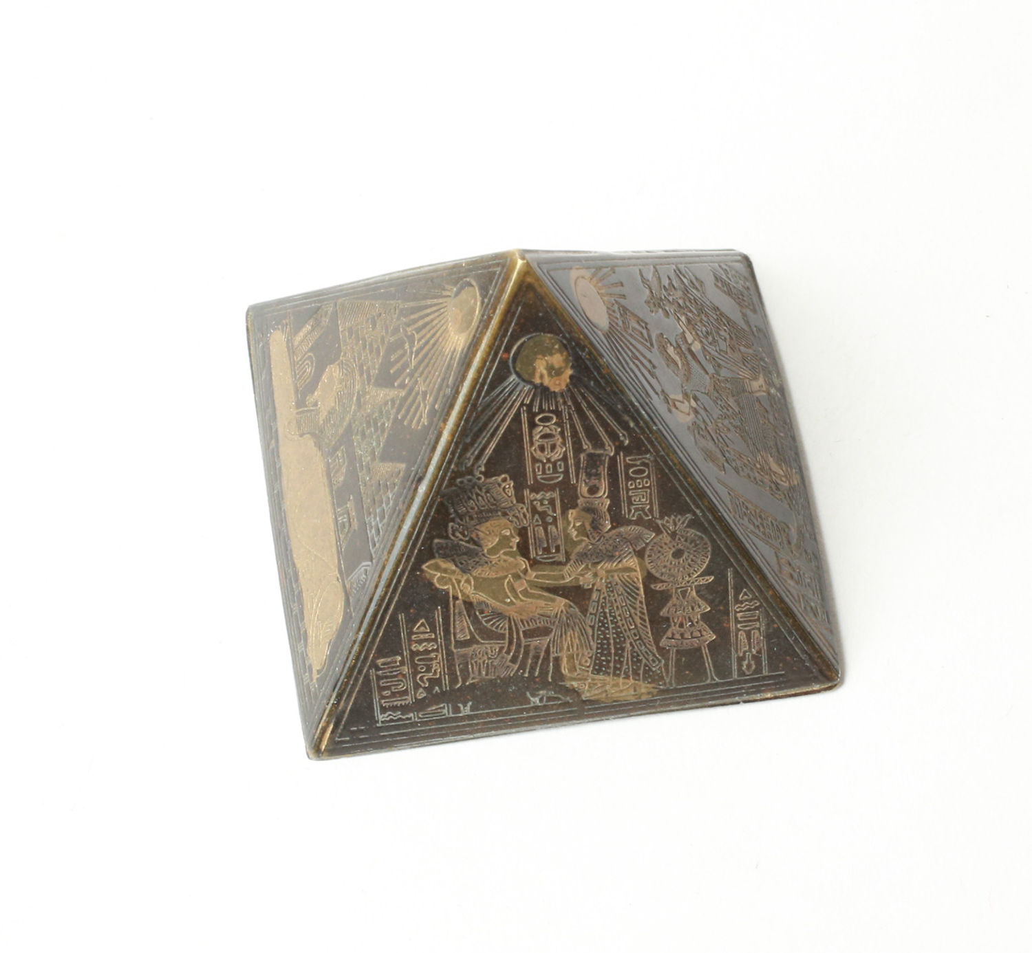 Vintage Small Brass Etched Pyramid with Heiroglyphics side top 2