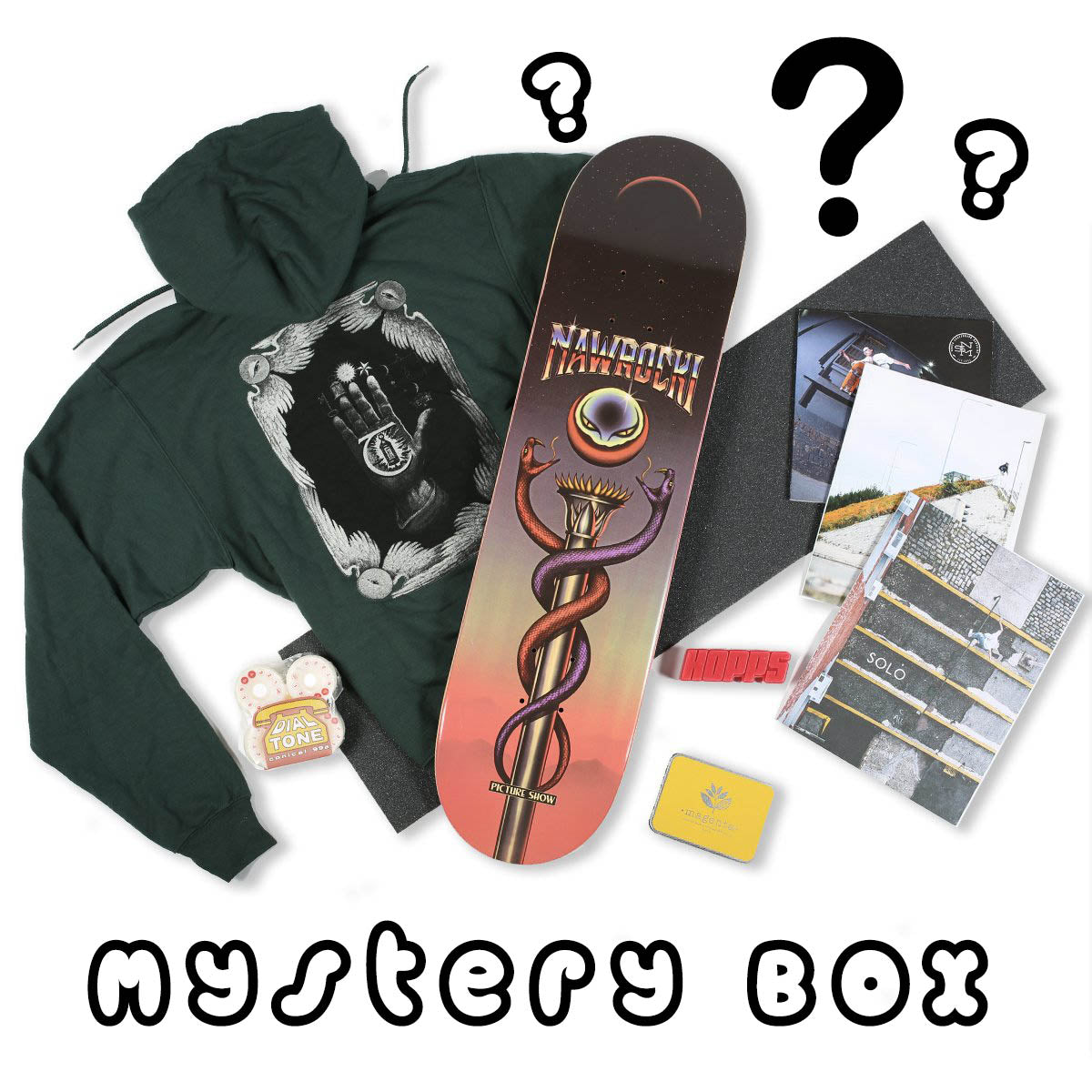 skateboard mystery box with text