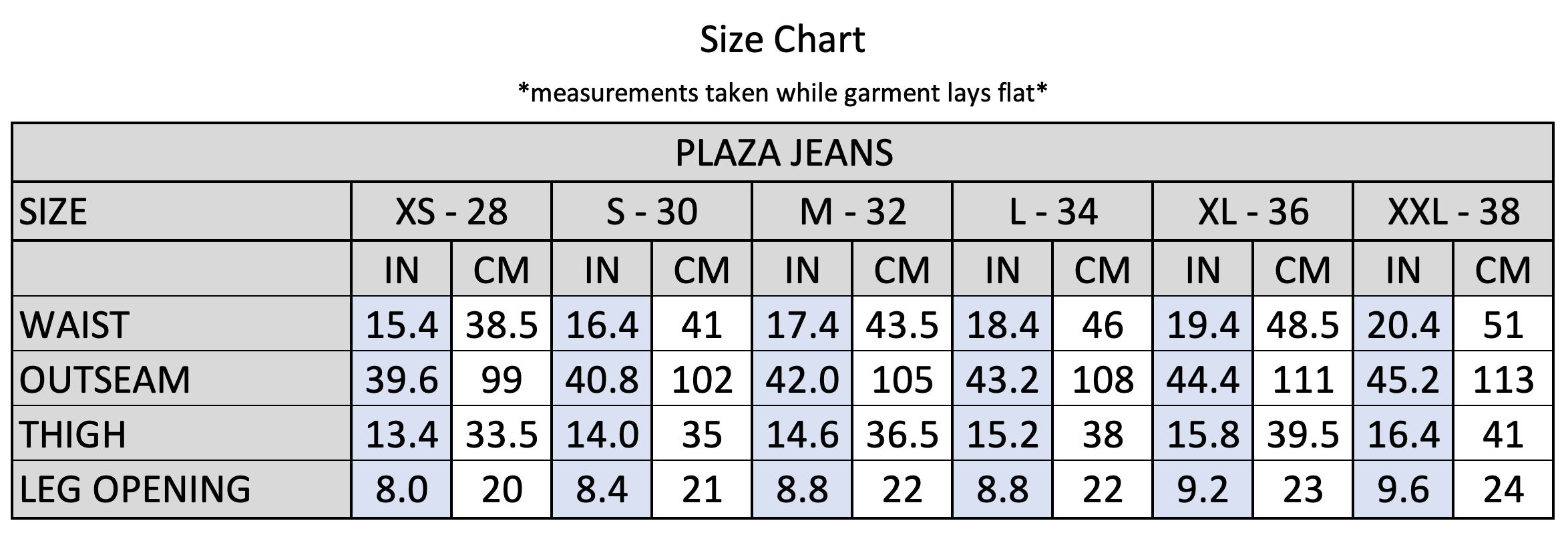 Plaza Jean Size Chart