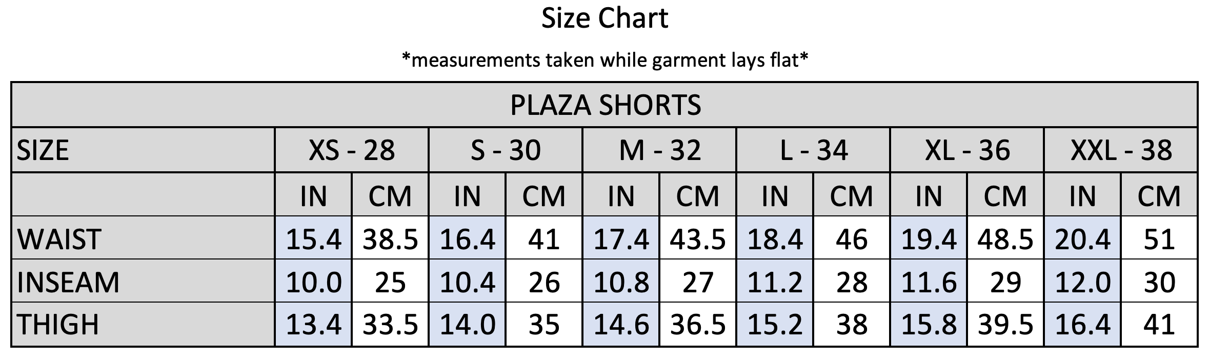 Plaza Shorts Size Chart