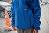 THEORIES CATSKILLS FLEECE PULLOVER BLUE ON MODEL DETAIL