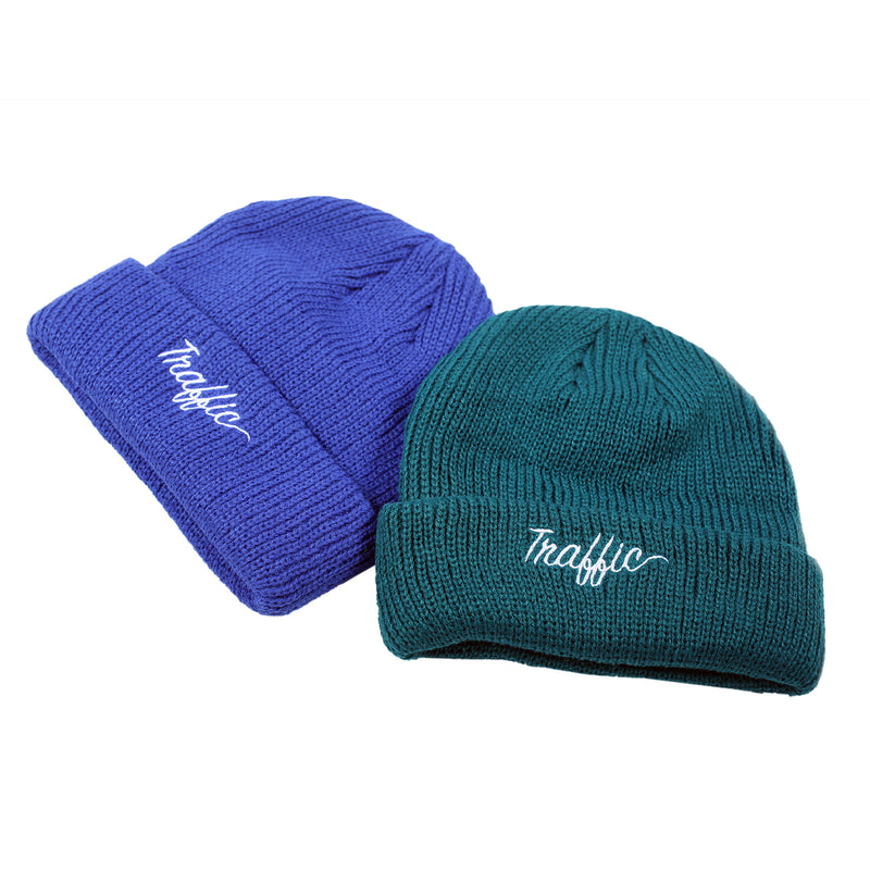 Traffic Skateboards Script Embroidered Beanies royal and spruce